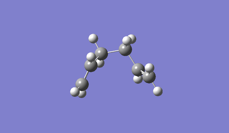 A Gaussview image of an optimised transition state of the chair conformation using freeze coordination method.