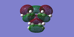 Fig 44Diels-Alder Cycloaddition transition structure(LUMO). The cis-butadiene LUMO interacts with the ethylene HOMO. (Symmetric)