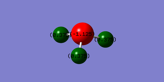 A Gaussview image of an optimised ammonia molecule with charge