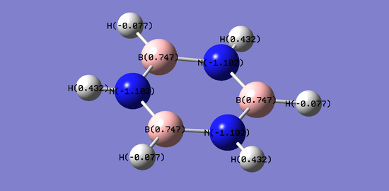 Charge distribution of the atoms in a borazine molecule