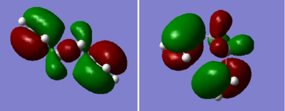 Figure 2. A diagram showing the MOs of anti-linkage(left), and gauche(right) conformer of 1,5-hexadiene. We see that it is difficult for anti-linkage to show any Π-cloud overlap.