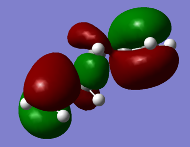 Figure 3; a) Anti 1 HOMO: Absence of any π-interactions between terminal alkenyl fragemnts due to 180° relative orientation b) some vicinal-alkenyl sigma-conjugation